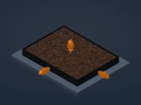 A mulch bed 18.5 by 14 feet and 4 inches deep in steel edging on a slate slab, with bronze handles for length, width and depth